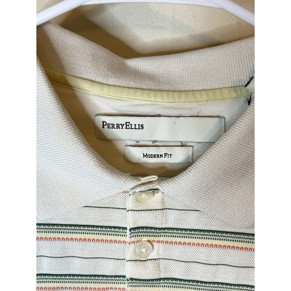 Perry Ellis SILK Polo Shirt Mens L White Gray Striped Short Sleeve Golf Casual - Picture 3 of 7